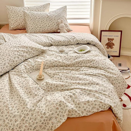 LifeTB Aesthetic Floral Duvet Cover King Cozy Boho Pink Flower Cotton Bedding Set Farmhouse Vintage Botanical Flower Duvet Cover Cute Floral Comforter Cover Girls Cottagecore Duvet Cover Set King