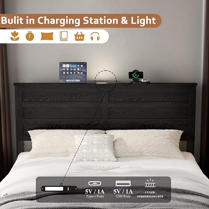 Wooden Bed Frame Queen Size with Headboard & Sliding Barn Door Storage Footboard, Farmhouse Platform Bedframe with Charging Station, No Box Spring Needed (Black, Queen)