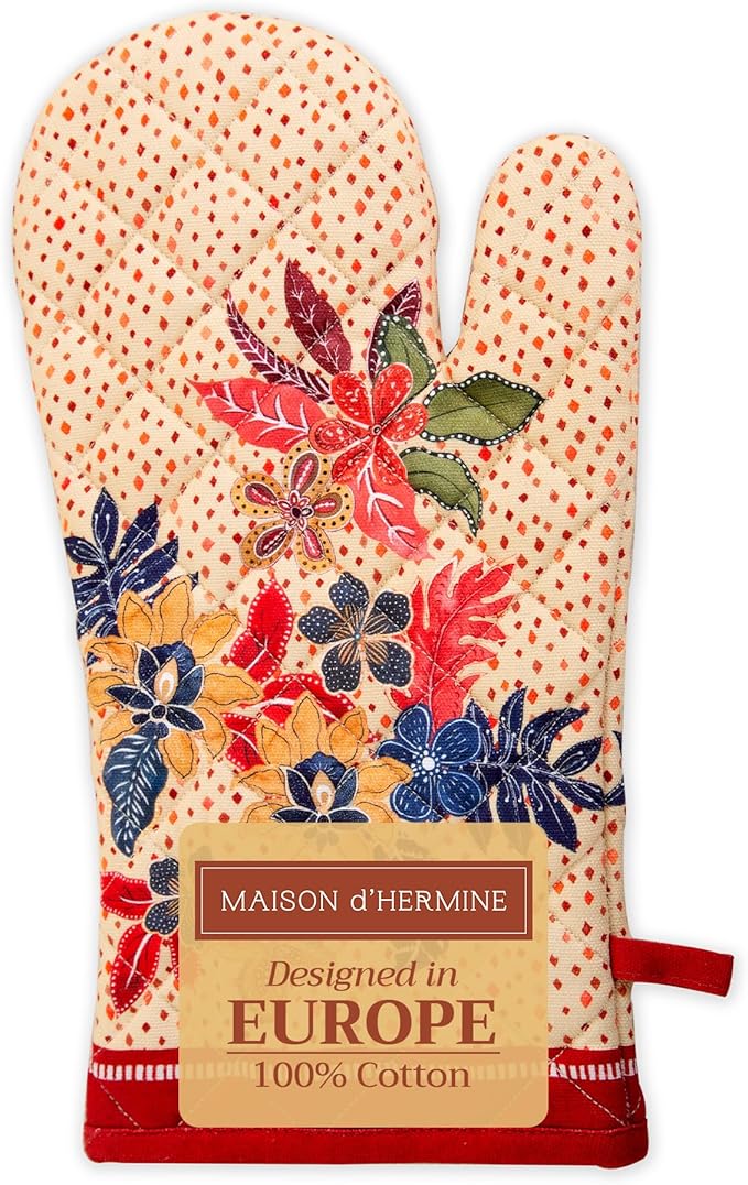 Maison d' Hermine Oven Gloves 100% Cotton Oven Mitt 7" x 13" with Loop Heat Resistant BBQ Cooking Gloves for Thanksgiving Christmas Decorations Baking Handling Hot Pans (Pack of 1, Kalahari)