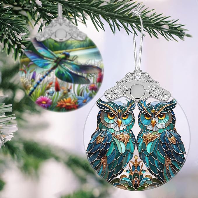 Stained Glass Owl Christmas Ornament - Two Owls, Holiday Decoration for Tree, Gift Idea