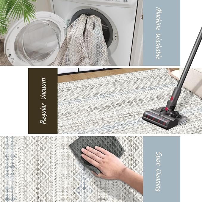 5'x7' Machine Washable Abstract Design Area Rug Machine Washable Area Rugs 5X7, Non Slip, Stain Resistant, Home Decor Living Room Area Rugs 5x7 (Grey Blue Cream 5x7)…