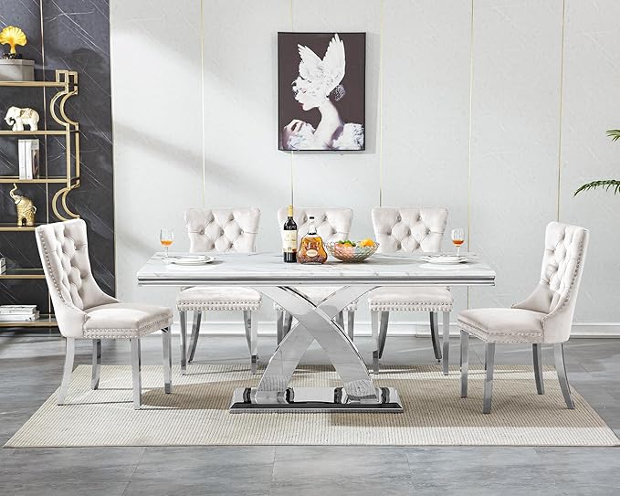 Modern White Marble Dining Table Set for 6,7-Piece Kitchen Table and Chairs for 6,Luxury Silver Dining Room Table Set w/68" Rectangle Dinner Table & 6 Beige Velvet Chairs for Kitchen Dining Room