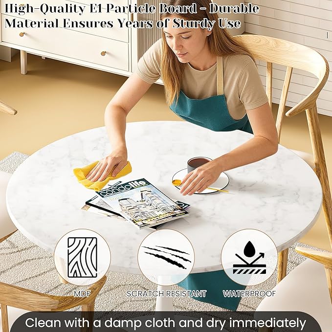 DKLGG White Marble Round Dining Table, 39.1" Tulip Kitchen Dining Table for 4-5 People with MDF Table Top & Pedestal Base, Mid-Century End Living Room Table