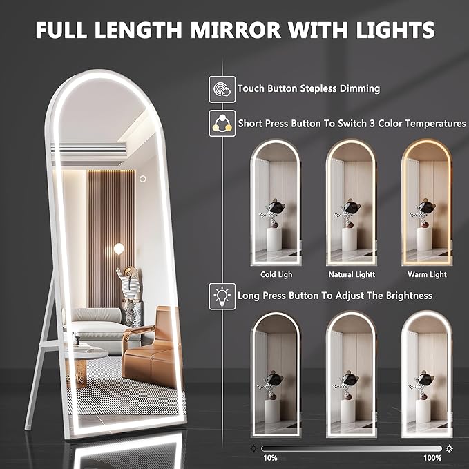 Hasipu 69" X 24" Full Length Mirror with Lights, White Frame Arch Led Mirror Full Length and 3 Colors Temperatures & Brightness Adjustable,Light Up Mirror Full Body for Bedroom Cloakroom Living Room