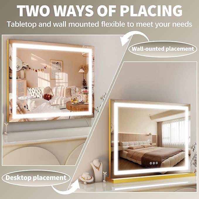 FENNIO 23" x 18" Vanity Mirror with Lights，LED Makeup Mirror，Hollywood Mirror with 3 Color Modes & Adjustable Brightness，Vanity Mirror Square Gold