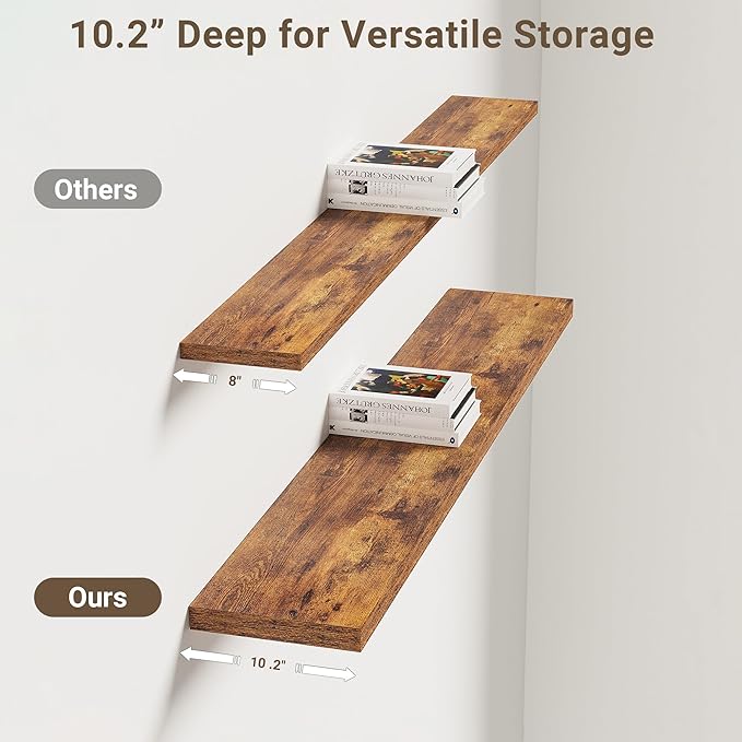 Vivelove 10 Inch Deep Floating Shelves 48 inch Long, 48 x 10 Wide Wall Shelves with Invisible Brackets, for Bedroom Bathroom Living Room Kitchen Office, Farmhouse Home Decor, Set of 2, Rustic Brown
