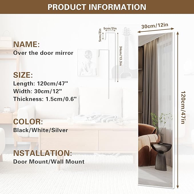 ANYHI Over The Door Mirror, 47" x 12" White Door Mirror Full Lenth, 2 Hooks, Door Mount or Wall Mount, for Bedroom, Living Room, Bathroom