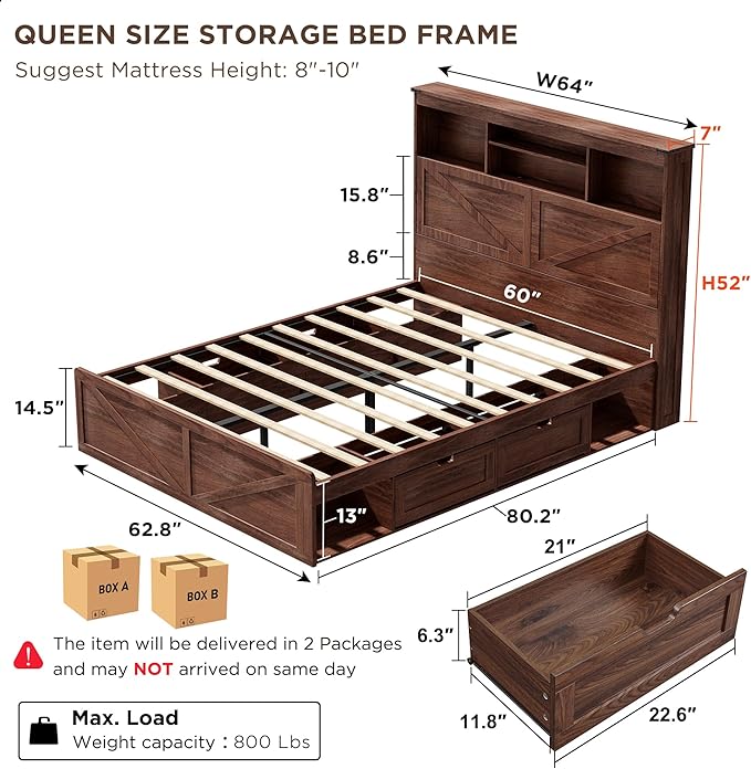 ACCOHOHO Queen Bed Frame with 52" Tall Headboard and 4 Drawers,LED Light,Charging Station,Solid Wood Slats Support,No Box Spring Needed,Brown
