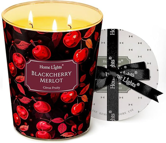 HomeLights Soy Wax Candles for Home Scented, 3-Wick Candles in Blackcherry Merlot Scented, Aromatherapy Candles Gift for Parties, Relaxing, Eclectic Mixed Styles, 34oz