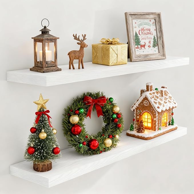 Fun Memories Floating Shelves for Wall, 48 x 9.3 Large Floating Shelf Wall Mounted Set of 2, Rustic Wood Shelves for Bathroom, Kitchen, Living, Heavy-Duty Storage Deep Shelf for Books, Decor, White