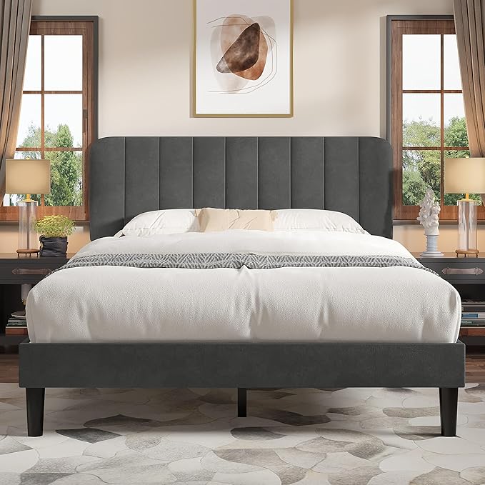 VECELO Queen Size Bed Frame with Upholstered Headboard, Velvet Platform Bedframe Mattress Foundation, Strong Wood Slat Support, No Box Spring Needed,Grey