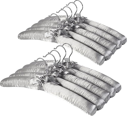 Grey Satin Padded Sweater Hangers 10 Pack, Blouse Hanger with Thick & Soft Foam for Bridal Wedding Dress Lingerie, Smooth Silk Covered Shirt Hanger Without Shoulder Bump