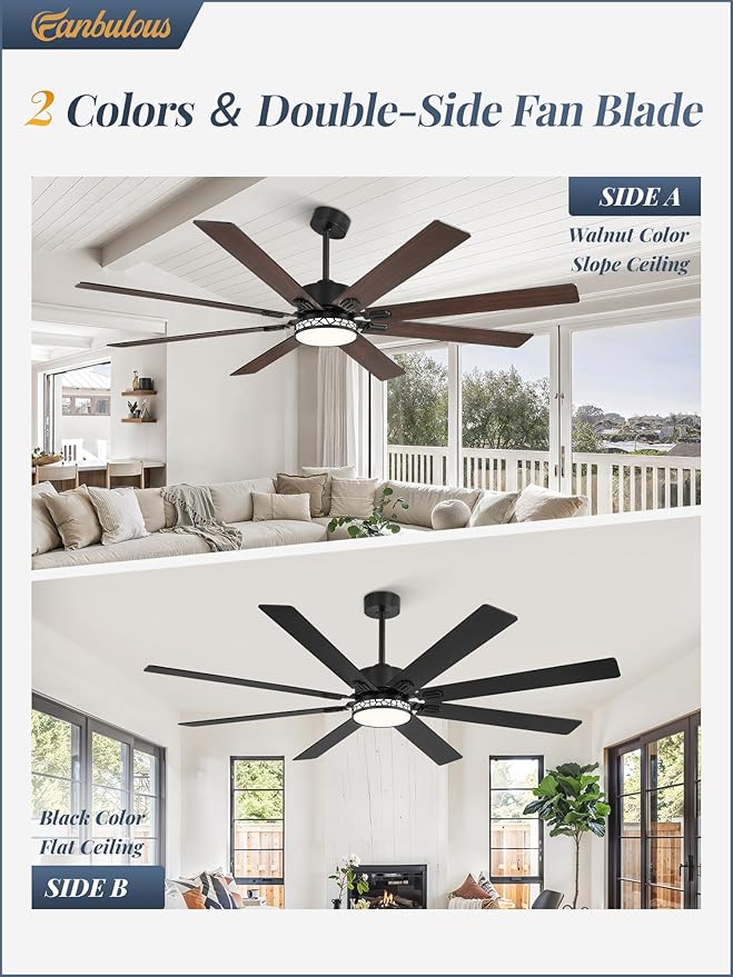 Fanbulous 72 Inch Large Ceiling Fans with Lights, Farmhouse Ceiling Fan with Light and Remote, Dual Finish 8 Blades, Reversible DC Motor,3 CCT, 6 Speed, Modern Ceiling Fan for Living Room Patio, Black
