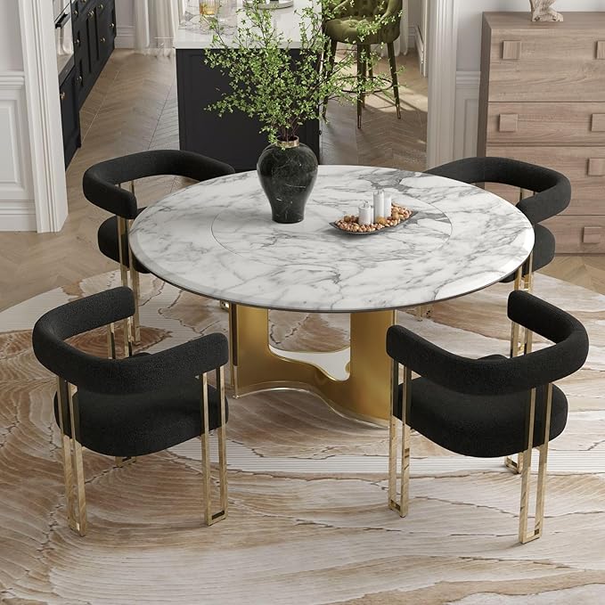 Set of 4 Modern Black Boucle Dining Chairs with Gold Metal Legs, Mid Century Accent Upholstered Barrel Armchairs with Open-Back for Kitchen, Dining Room, Living Room, Apartment