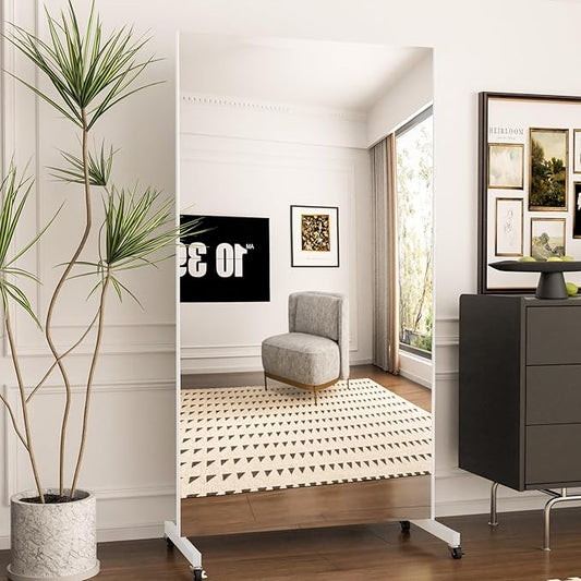 Full Length Mirror with Wheels, 71 "x 40", White, Nano Film Material Without Glass, shatterproof, Safe, Lightweight, only 13lbs Easy to Move and Install, for Home Gym, Dance & Yoga Studios.