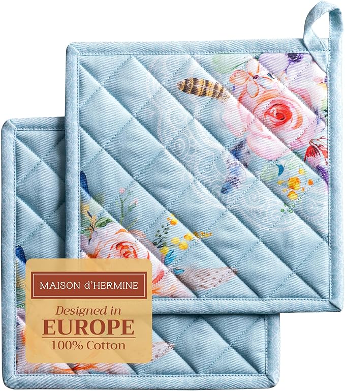 Maison d' Hermine Pot Holders Set 100% Cotton Heat Resistant Potholders 8" x 8" Hot Pads with Loop BBQ, Cooking, Baking, Grilling, Kitchen, Handling Hot Pans Spring/Summer (Pack of 2, Ibiza)