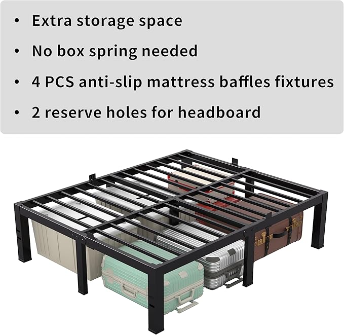 MAF 18 Inch King Size Bed Frame No Box Spring Needed Heavy Duty Platform King Bed Frame Steel Slat Support High Platform Bedframes with Storage Size Black Metal