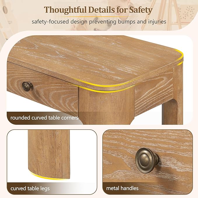 52“ Rustic Console Table with Curved Corners for Safety, Entryway Table with 3 Concealed Drawers, Sturdy Sofa Table with Thick Legs for Hallway & Living Room(Natural)