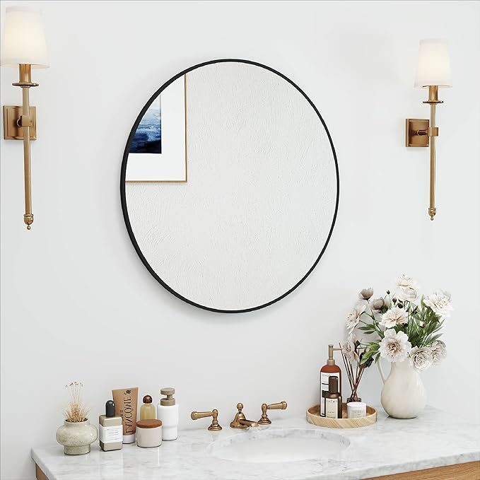 24" Round Mirror Circle Wall Mounted Hanging or Against Wall Aluminum Alloy Metal Frame Dressing Make-up Mirrors for Entryway Bedroom Bathroom Living Room 24 inch Black