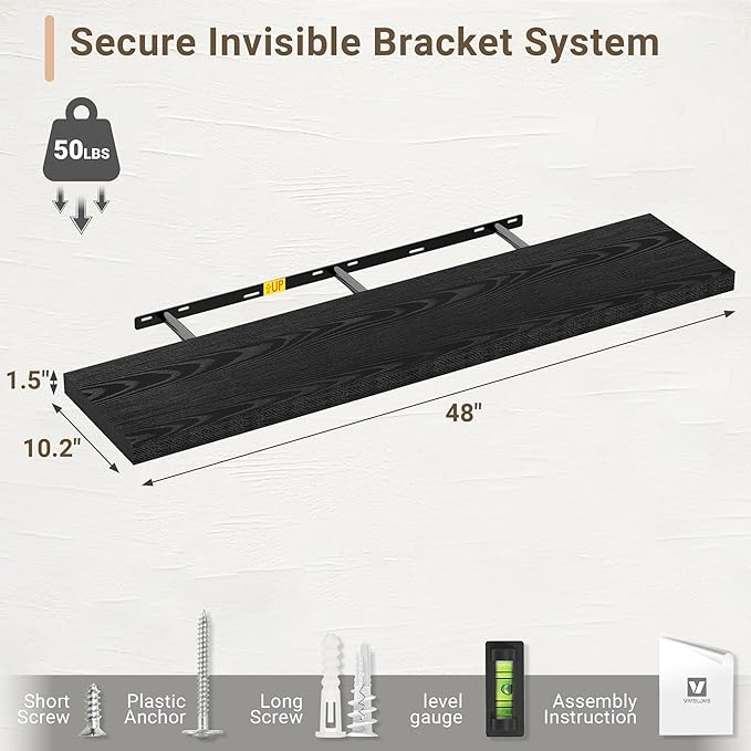 Vivelove 48 Inches Floating Shelves Wall Mounted, 10" Deep Wall Shelves for Bedroom, Bathroom, Living Room, Kitchen, Office, Home Decor, Modern Shelf, Set of 2, Black, 48x10.2x1.5