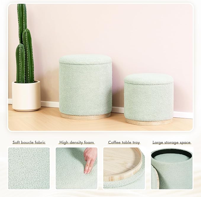 PINPLUS Round Ottoman with Storage Set of 2, Storage Ottoman with Tray, Teddy Velvet Ottoman Storage Modern Multifunctional Foot Rest Stool for Bedroom, Living Room, Dorm (Green)