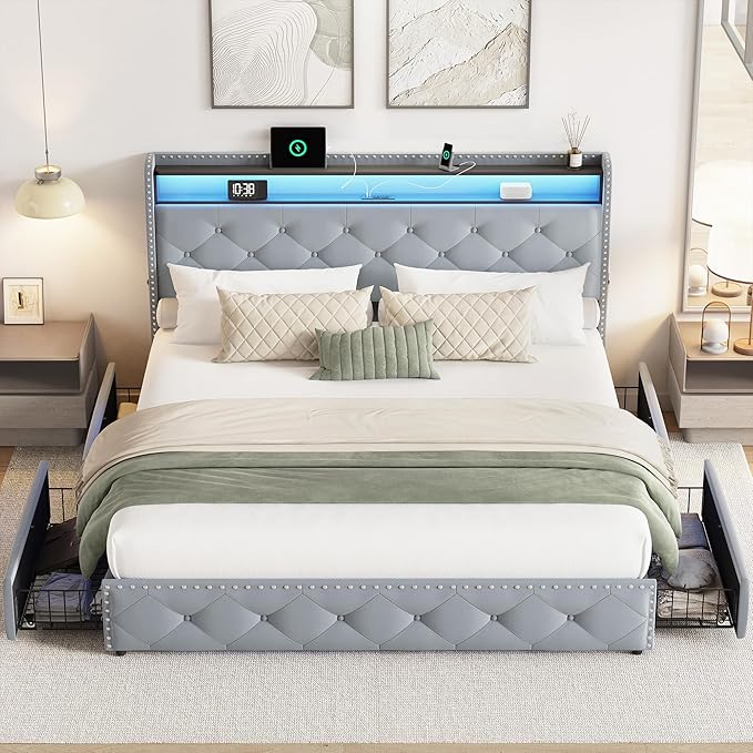 BRELTAM Bed Frame Queen Size with 4 Storage Drawers Upholstered Velvet Bed Frame with LED and Charging Station,Platform Bed Frame with Headboard Heavy Duty Wood Slats,Noise Free,Bluish Grey