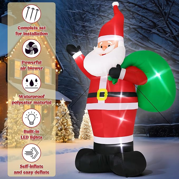 16FT Inflatable Christmas Santa, Giant Outdoor Santa Claus Blow Up Decorations with LED Lights, Waterproof Holiday Yard Decoration for Lawn, Garden, Xmas Party (16H x 9.8W x 5.2D ft)
