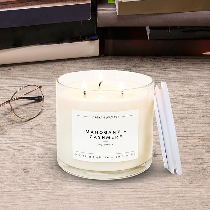 Calyan Wax Co. Mahogany & Cashmere 3 Wick Scented Candle - 43 Hour Burn - Luxury 3 Wick Soy Candles - Non Toxic Soy Wax Candles - Long Lasting Large Glass Jar Candle for Home - 14.9oz