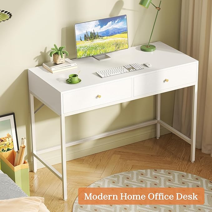 SUPERJARE 39.4" White Desk with 2 Drawers, Modern Makeup Vanity Desk, Small Computer Desk Home Office Desk for Writing Study Bedroom