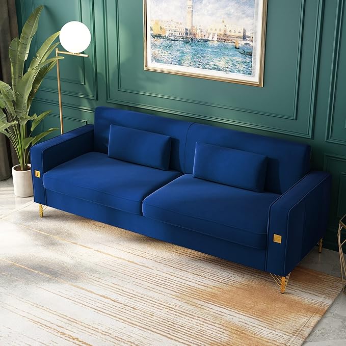 2PCS 85.63" Blue Velvet Sofa,Modern Loveseat Couch with Pillows Set of 2 for Living Room,Bedroom,Apartment Furniture with Gold Metal Legs