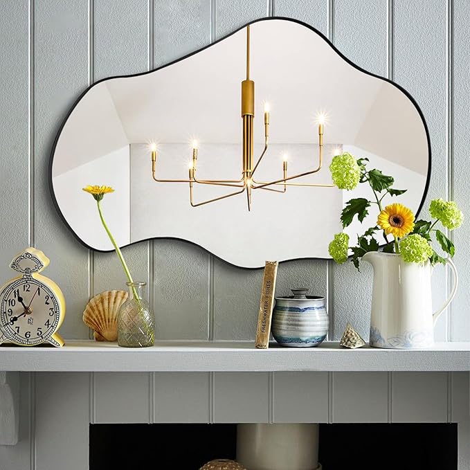 Irregular Shaped Mirror, 30"x20" Asymmetrical Mirrors with Metal Frame, Abstract Wall Mirrors Decorative, Modern Funky Mirror for Living Room Bathroom Bedroom Hallway Entryway Fireplace