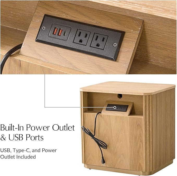 Fluted Nightstand Set of 2 with 3 Drawers, Modern End Table with Charging Station, USB Type-C Ports & Metal Frame for Bedroom,Natural