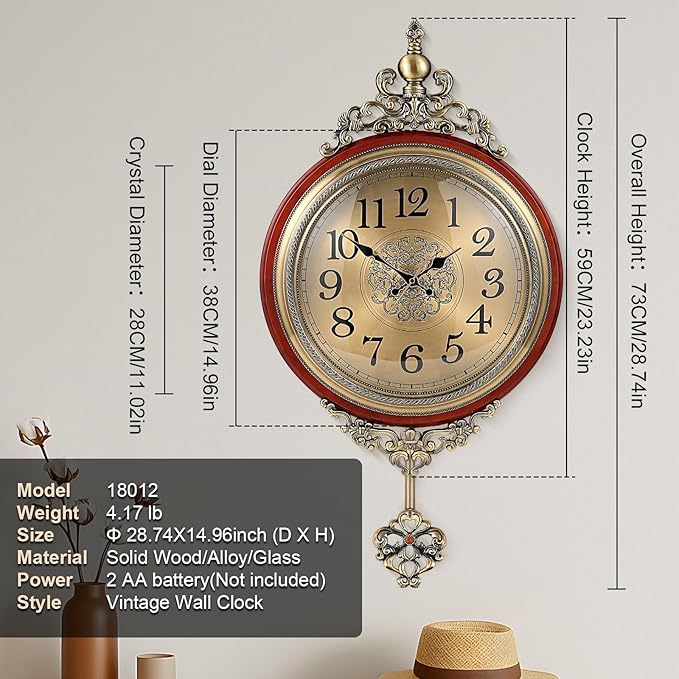 Vintage Wall Clock with Pendulum, 15 Inch Dial Diameter, 28.74 Inch Overall Height, Large Retro Metal and Glass Silent Clock for Living Room, Antique Wood Pendulum for Dining Room Office Home Decor