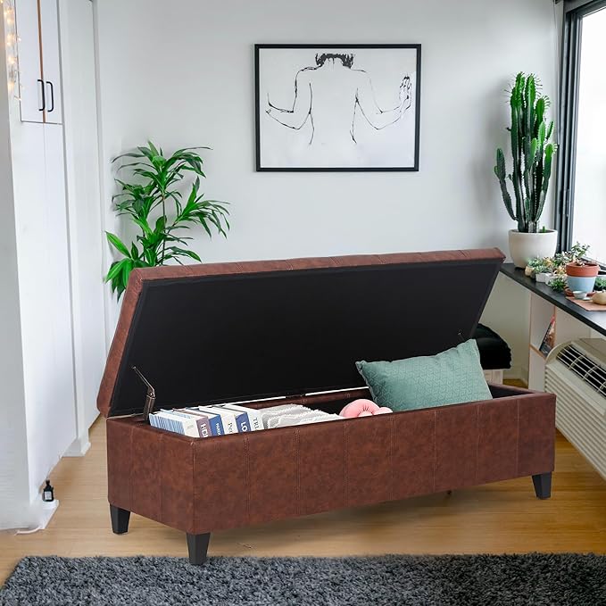 Joveco 51 Inch Storage Ottoman Bench,Tufted Leather Storage Bench for Bedroom (51”,Chocolate Brown)