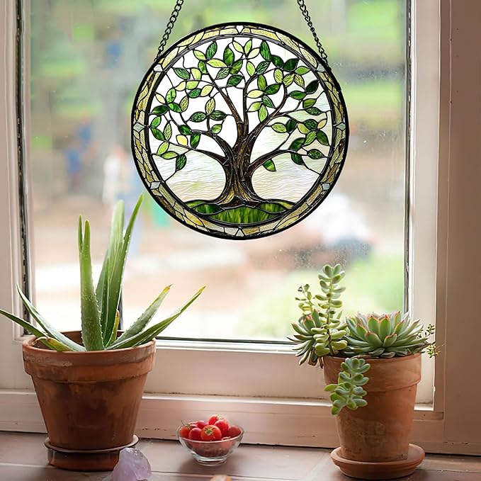 Stained Glass Window Hanging - Brown Tree Trunk Green Leaves Sun Catcher for Door Garden Home Decor Plant Suncatcher Christmas Mother's Day Birthday Gifts for Women Men Mom Nana 15 in