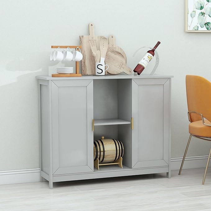 TaoHFE Grey Kitchen Pantry, Modern Wooden Small Credenza Sideboard Coffee Station, Storage Small Cabinet with Doors and Shelves for Kitchen