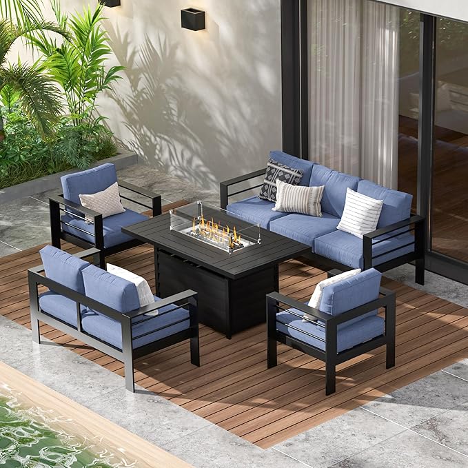 Wisteria Lane Aluminum Patio Furniture Set, 7 Seats Metal Outdoor Furniture Set with CSA Certified 54in Propane Gas Fire Pit Table, Patio Conversation Set with 5in Olefin Cover Cushions (Blue)