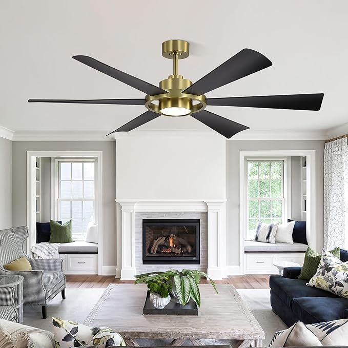 ELEHINSER 60" Ceiling Fan with Lights - 6 ABS Plastic Blades, 3 Downrods, 6-Speed Reversible DC Motor, 3CCT, Windmill Ceiling Fan for Kitchen Bedroom Living Room, Brass and Black