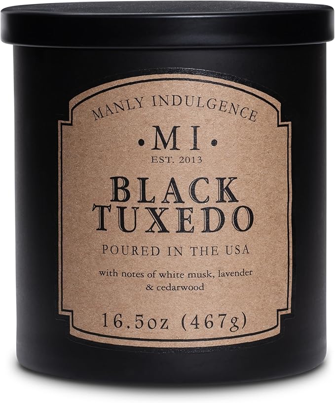 Manly Indulgence Black Tuxedo Jar Candle 16.5 oz - White Musk, Lavender, Cedarwood, Jasmine & Earthy Orris - Up to 60 Hour Burn - Soy Blend Wax, USA Poured
