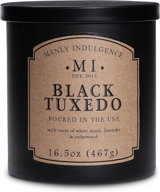 Manly Indulgence Black Tuxedo Jar Candle 16.5 oz - White Musk, Lavender, Cedarwood, Jasmine & Earthy Orris - Up to 60 Hour Burn - Soy Blend Wax, USA Poured