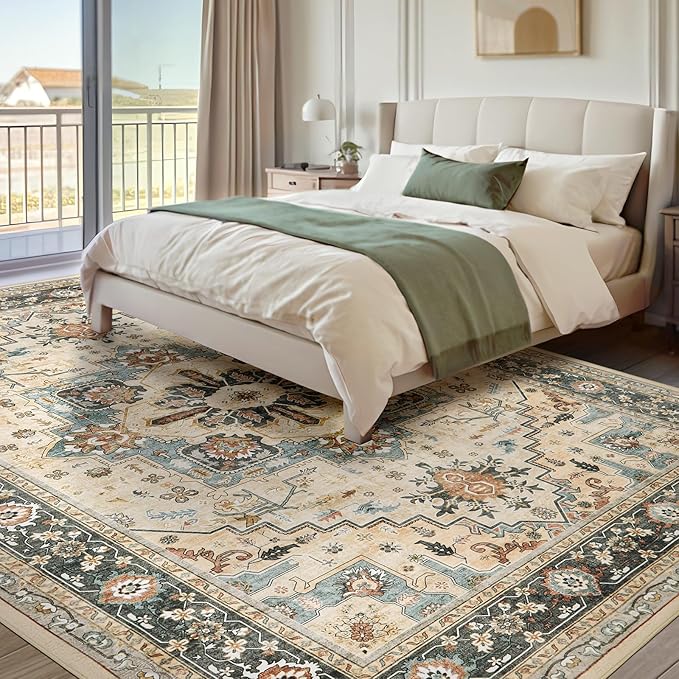 Area Rugs for Living Room 10x14 - Extra Large Machine Washable Vintage Oriental Soft Rug, Low Pile Thin Carpet with Non Slip Backing for Bedroom, Dorm, Dining Room, Indoor House, Office