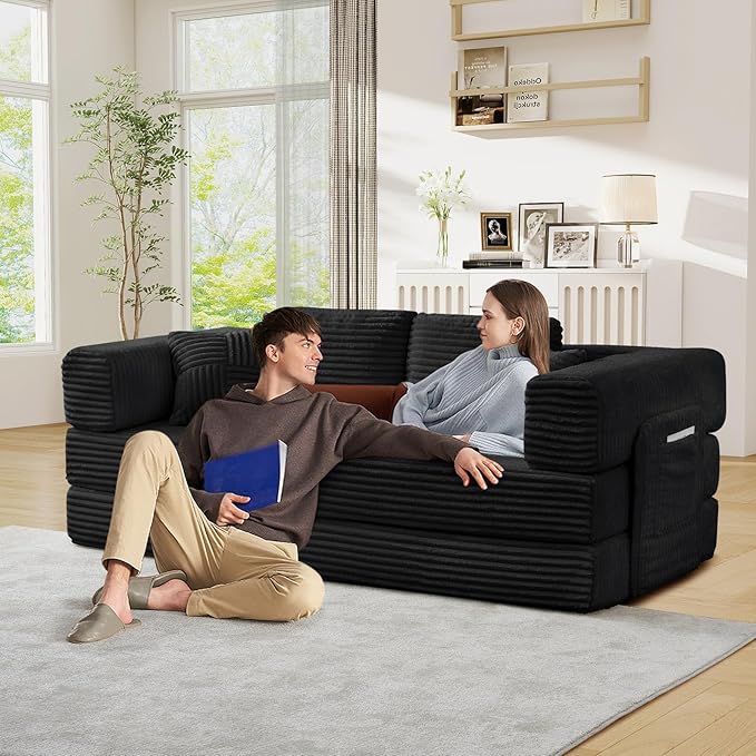 Antetek Convertible Sofa Bed, Comfy Corduroy Fluffy Love seat Sleeper Sofa, 5 in 1 Folding Couch Bed, Fold Out Floor Couch with Pillows for Bedroom, Living Room, Office, Wide Stripes, Black