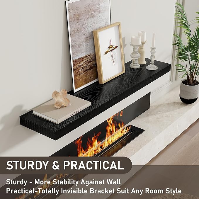 Fun Memories 40" Floating Shelves for Wall, 8 Inch Deep Floating Shelf for Books, Deep Bathroom Shelves Wall Mounted, Rustic Display Shelf for Kitchen, Bedroom, Living Room, Black Color, 2 Pack