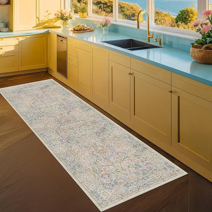 Non Slip Beige Blue Hallway Runner Rug - Long Runner Rugs 2x7 Washable Kitchen Floor Mat, Laundry Room Rug, Bathroom Runner - Vintage Design Décor