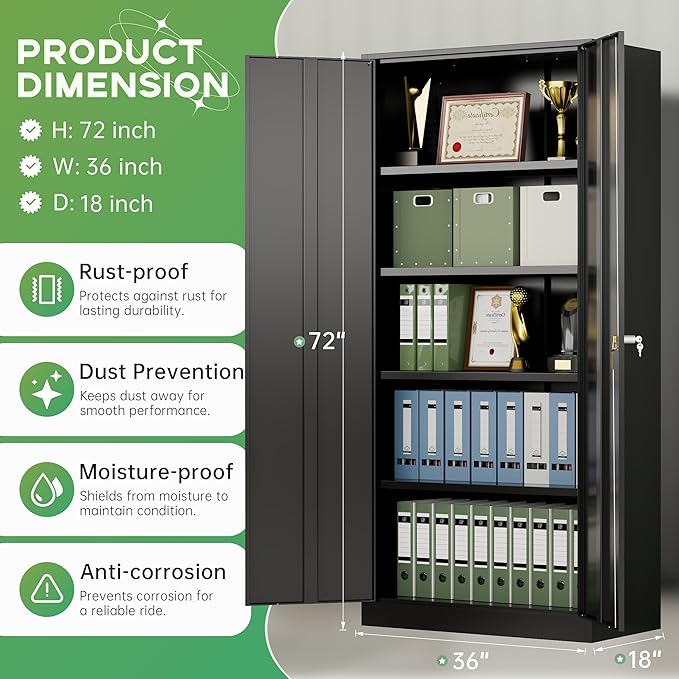 INTERGREAT 72-Inch Metal Storage Cabinet for Garage, Lockable Steel Cabinet with Doors and Adjustable Shelves, Black Locking Storage Unit for Office, Home, Gym, and School.