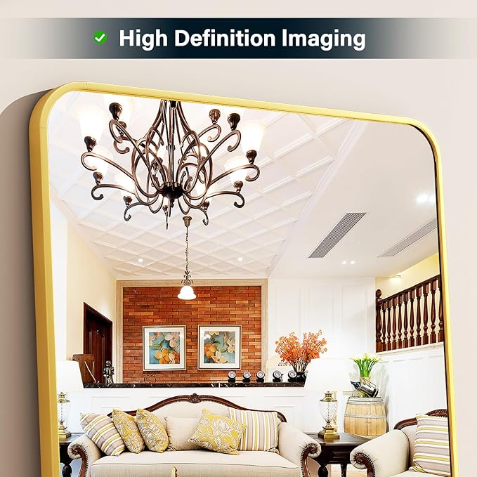Full Length Mirror 23"x66", Large Floor Mirror with Rectangle Rounded Corners, Gold Aluminum Alloy Frame, Wall Mirror for Full Body
