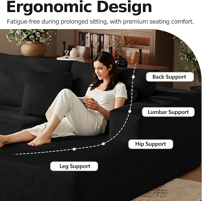 108'' Modular Sectional L-Shaped with Chair,Deep Seat Boneless Corner Couch for Living Room,Plush Corduroy Couch with Detachable Sofa Set,No Assembly(Right Facing Chaise，Black)