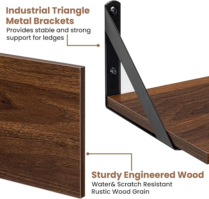 Axeman Floating Shelves | 8 Inch Deep Walnut Wall Shelves Set of 2 | 16W x 8D Rustic Wood Shelves for Bookshelf Living Room Bedroom Home Office Bathroom