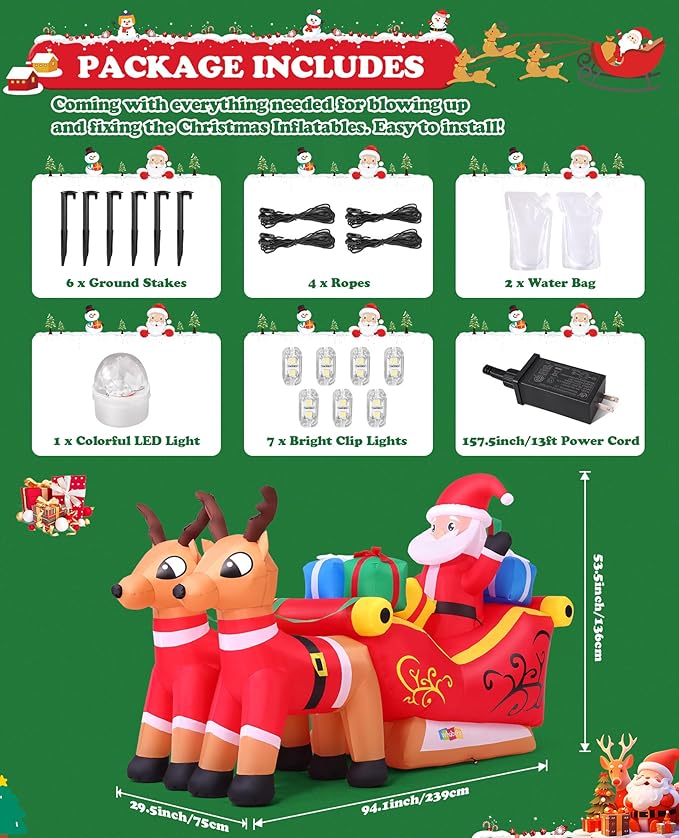 7.8Ft Christmas Inflatables Outdoor Decorations with Colorful LED Lights, Christmas Inflatables Santa Claus on Sleigh with 2 Reindeer Deer Gift Box, Blow Up Yard Decor for Indoor Xmas Party Patio Lawn