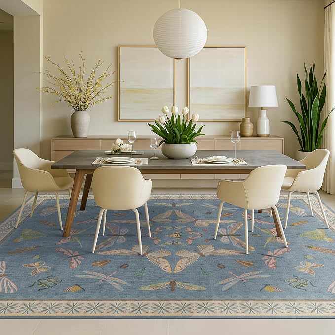 Blue Boho Rugs for Living Room - 10x14 Extra Large Area Rug for Dining Room, Bedroom, Playroom, Guest Room, Colorful Insect Low Pile Home Décor
